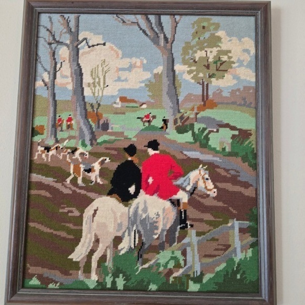 Vintage Framed Needlepoint Fox Hunt Equestrian Scene Wall Art Tapestry Decor - Picture 3 of 13